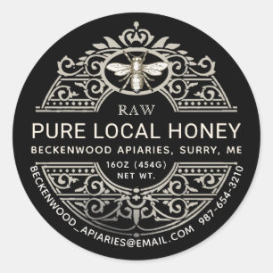 Ornate French Honey Label with Heraldic Bee Black