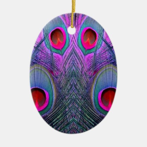 Ornate Fuchsia-Purple Peacock Feathers GIFTS Ceramic Ornament