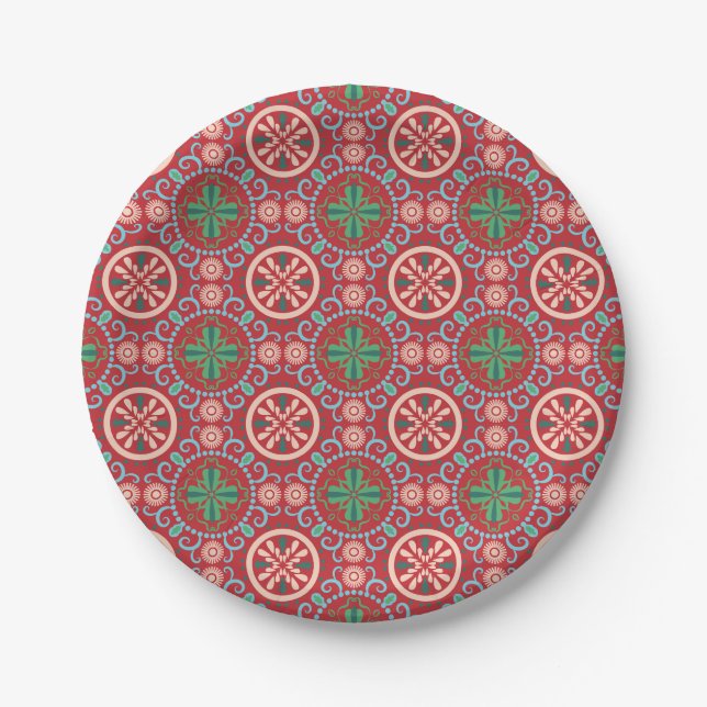 Ornate geometric pattern featuring circular motifs paper plates (Front)