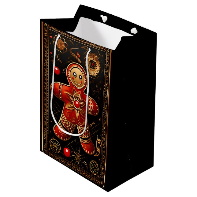 Ornate Gingerbread Cookie Black Red Gold Christmas Medium Gift Bag (Front Angled)