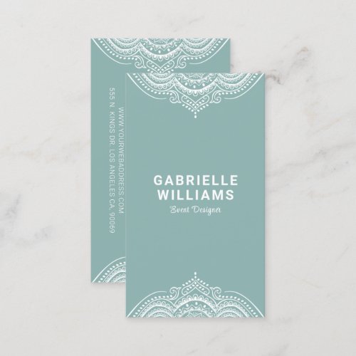 Ornate Girly White Lace Frame On Sage_Green Business Card