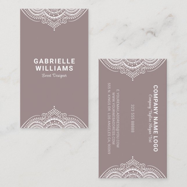 Ornate Girly White Lace Frame On Tan Background Business Card (Front/Back)
