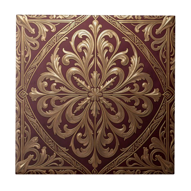 Ornate Gold Acanthus Pattern Deep Red Baroque Ceramic Tile (Front)