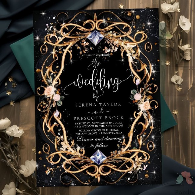 Ornate Gold and Diamonds Black Wedding Invitation (Creator Uploaded)