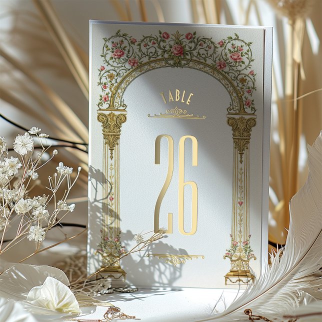 Ornate Gold Arch & Pink Roses Table Number (Creator Uploaded)