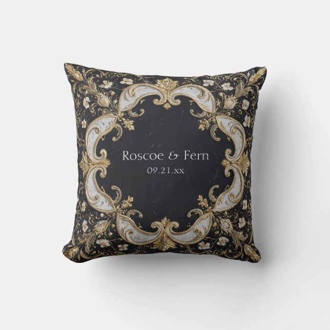 Ornate Gold Baroque Black Marble Royal Wedding Throw Pillow (Front)