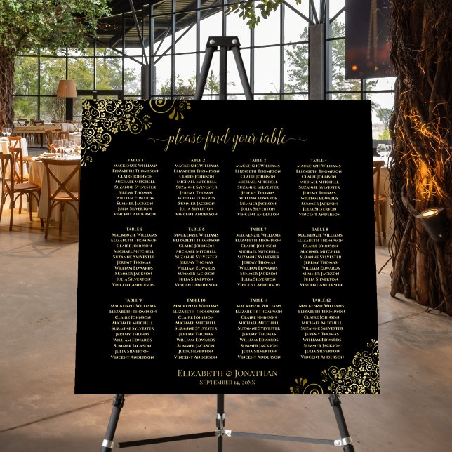Ornate Gold & Black 12 Table Wedding Seating Chart Foam Board (In Situ on Stand at Reception)