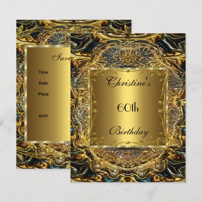 Ornate Gold Black 60th Birthday Elegant Invite 3 (Front/Back)