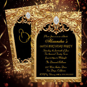Ornate Gold Black Elegant Birthday Party Diamonds Invitation