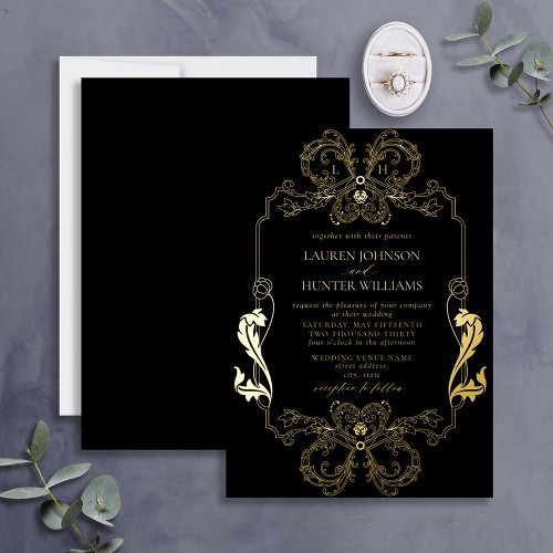 Ornate Gold Black Floral Line Art Monogram Wedding Foil Invitation