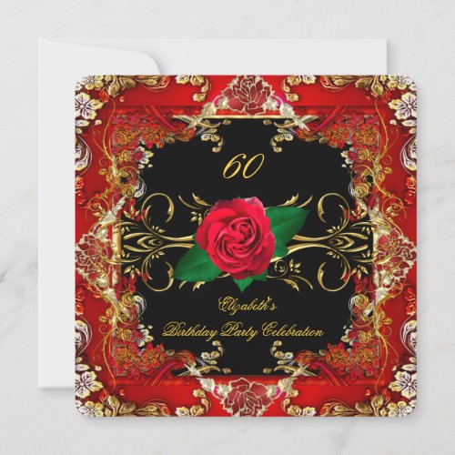 Ornate Gold Black Red Roses 60th Birthday Party 2 Invitation
