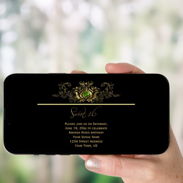Ornate Gold Black Swirls Green Jewel Sweet 16 Invitation (Front Digital)