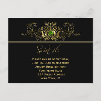 Ornate Gold Black Swirls Green Jewel Sweet 16 Invitation
