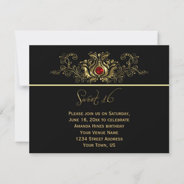 Ornate Gold Black Swirls Red Ruby Jewel Sweet 16 Invitation (Front)
