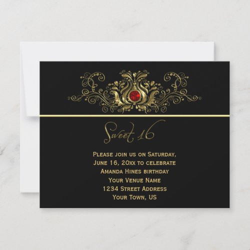 Ornate Gold Black Swirls Red Ruby Jewel Sweet 16 Invitation