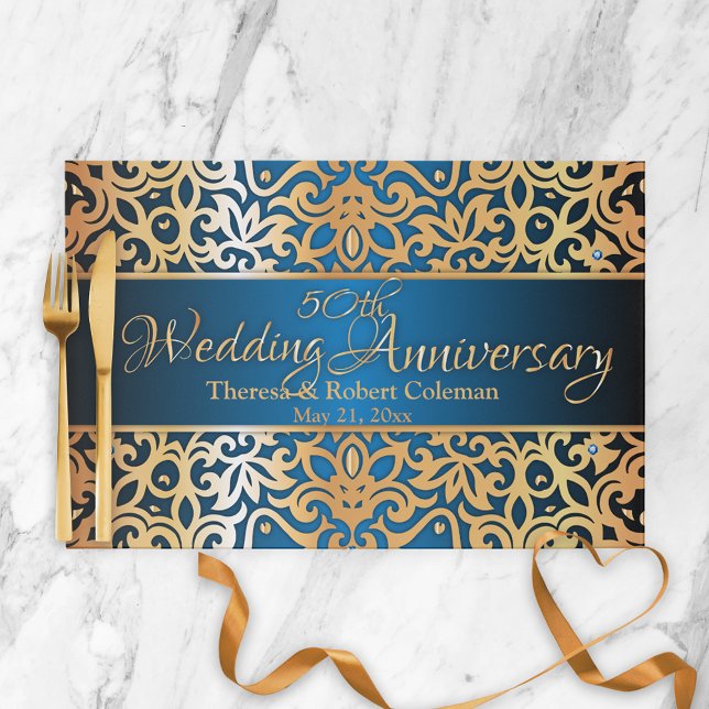 Ornate Gold Blue 50th Wedding Anniversary Placemat (Creator Uploaded)