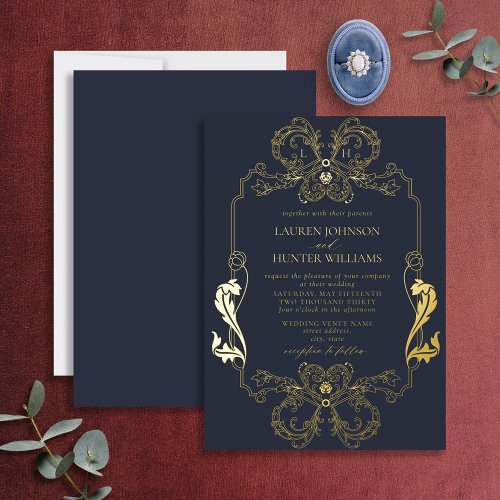 Ornate Gold Blue Floral Line Art Monogram Wedding Foil Invitation