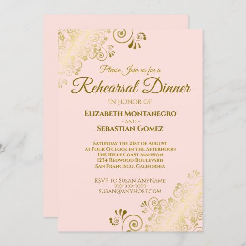 Ornate Gold  Blush Pink Wedding Rehearsal Dinner Invitation