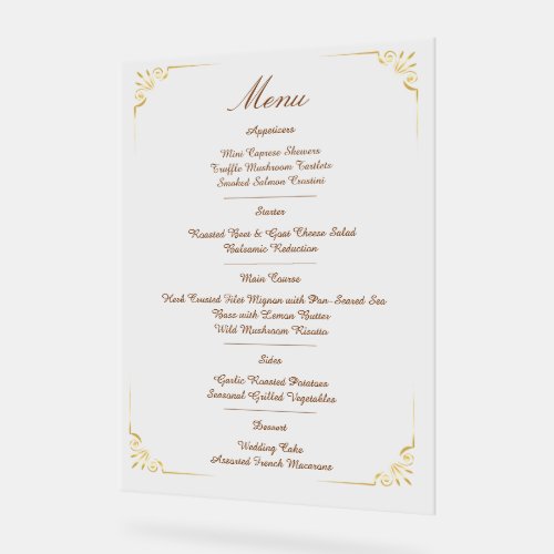 Ornate Gold Border Classic minimalist Wedding Menu Acrylic Sign