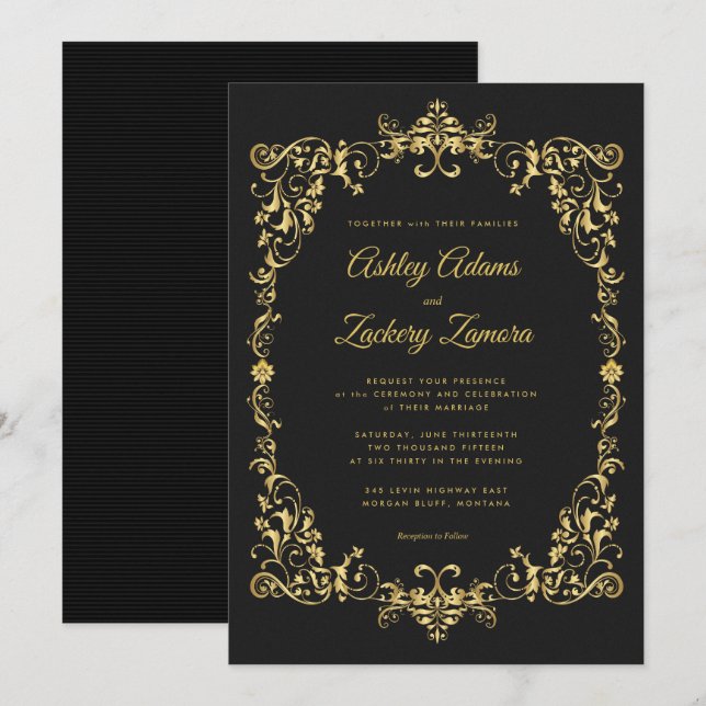 Ornate gold border on black wedding invitation (Front/Back)