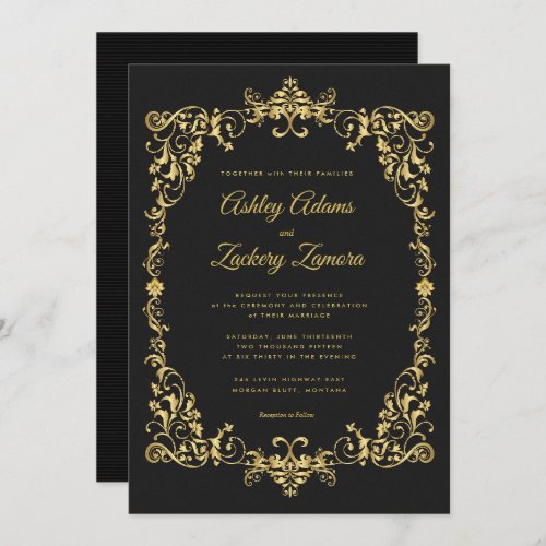 Ornate gold border on black wedding invitation