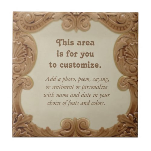 Ornate Gold Bordered Customizable Repro Majolica Ceramic Tile