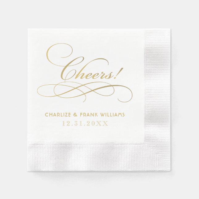 Ornate Gold Cheers Calligraphy Wedding Paper Napkins (Front)
