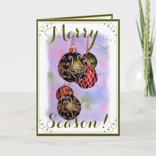 ORNATE GOLD CHRISTMAS ORNAMENTS SEASONS GREETING HOLIDAY CARD