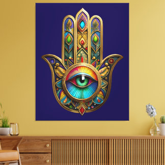 Ornate Gold Colorful Hamsa Green on Red Third Eye Canvas Print