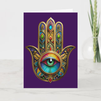 Ornate Gold Colorful Hamsa Green on Red Third Eye Card