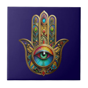 Ornate Gold Colorful Hamsa Green on Red Third Eye Ceramic Tile