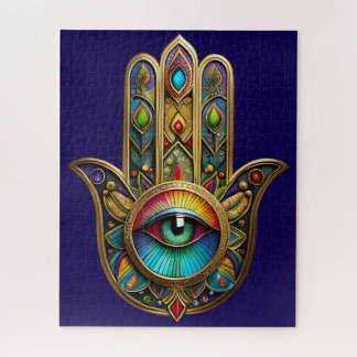 Ornate Gold Colorful Hamsa Green on Red Third Eye Jigsaw Puzzle