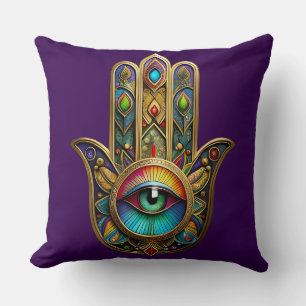 Ornate Gold Colorful Hamsa Green on Red Third Eye Throw Pillow