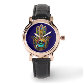 Ornate Gold Colorful Hamsa Green on Red Third Eye Watch