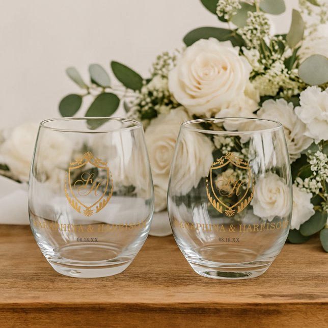 Ornate Gold Crest Monogram Wedding Stemless Wine Glass (Ornate Gold Crest Monogram Wedding Stemless Wine Glass)