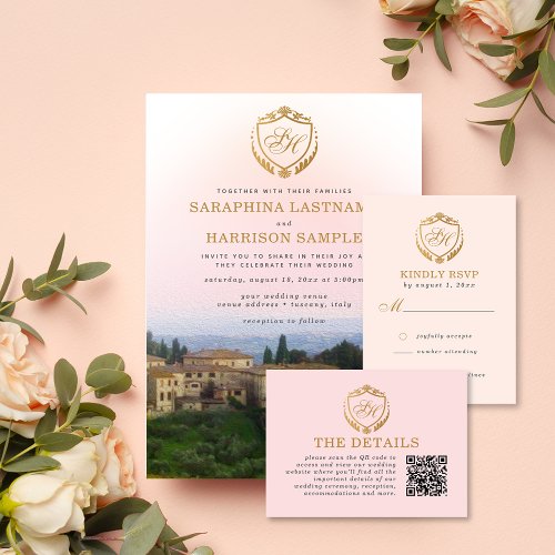 Ornate Gold Crest Peach Tuscany Italy Wedding RSVP Enclosure Card