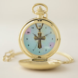 Ornate Gold Cross and Chain Pocket Watch