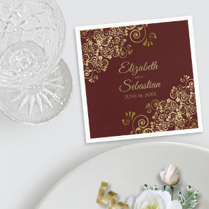 Ornate Gold Curls Elegant Auburn Brown Wedding Napkins