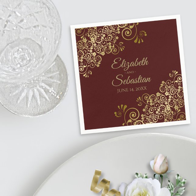 Ornate Gold Curls Elegant Auburn Brown Wedding Napkins (In Situ with Plate)