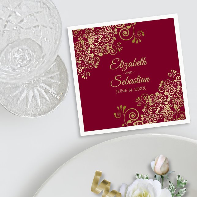 Ornate Gold Curls Elegant Burgundy Wedding Napkins (Creator Uploaded)
