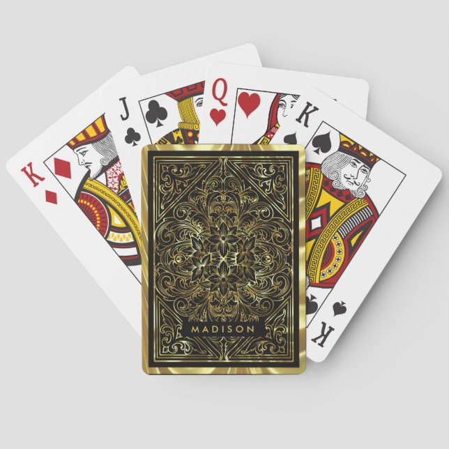 Ornate Gold Decorative Royal Ornament On Blac  Poker Cards (Back)