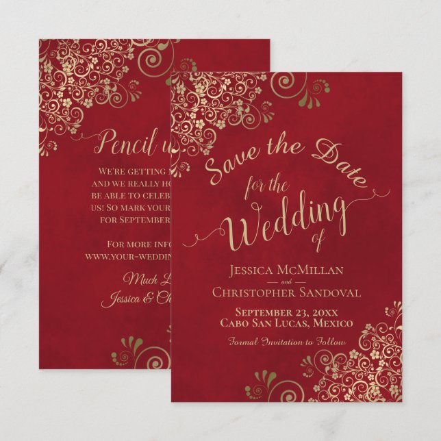 Ornate Gold Filigree & Crimson Red Elegant Wedding Save The Date (Front/Back)