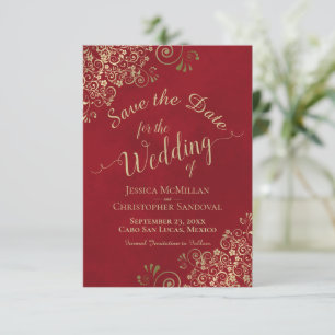 Ornate Gold Filigree & Crimson Red Elegant Wedding Save The Date
