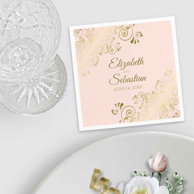 Ornate Gold Filigree Elegant Blush Pink Wedding Napkins (In Situ with Plate)