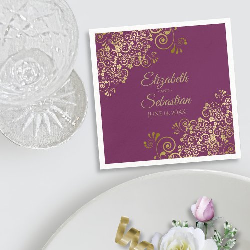 Ornate Gold Filigree Elegant Cassis Purple Wedding Napkins