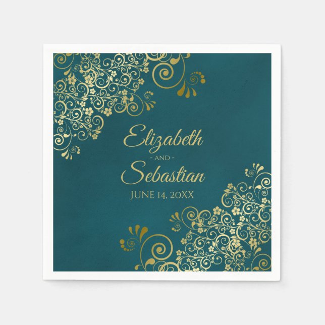 Ornate Gold Filigree Elegant Dark Teal Wedding Napkins (Front)