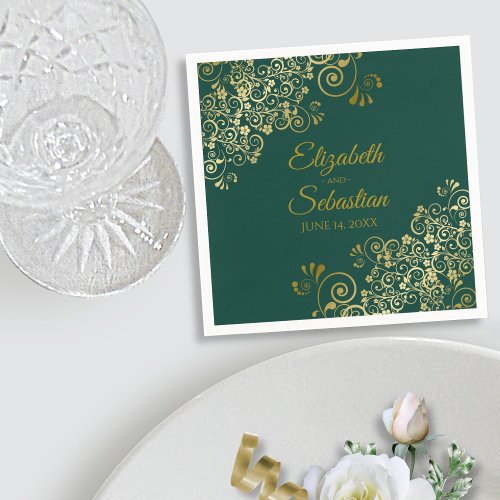 Ornate Gold Filigree Elegant Emerald Green Wedding Napkins
