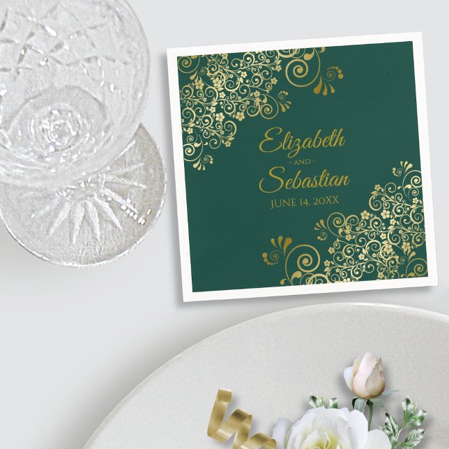 Ornate Gold Filigree Elegant Emerald Green Wedding Napkins (In Situ with Plate)
