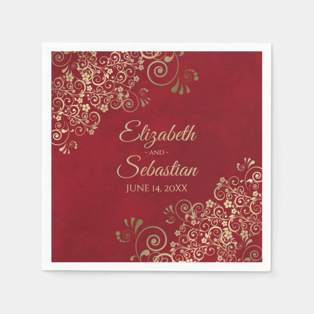 Ornate Gold Filigree Elegant Marbled Red Wedding Napkins (Front)