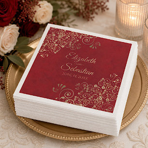 Ornate Gold Filigree Elegant Marbled Red Wedding Napkins